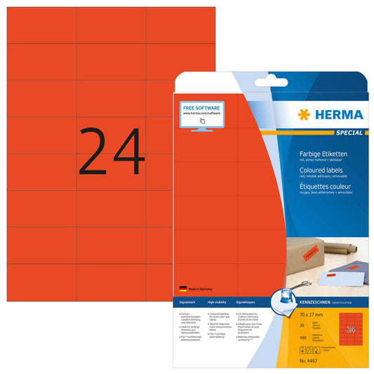 HERMA Etiketten rot 70,0 x 37,0 mm | 4467 | 1 Pack = 20 Blatt