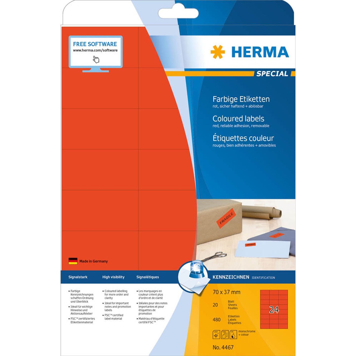 HERMA Etiketten rot 70,0 x 37,0 mm | 4467 | 1 Pack = 20 Blatt