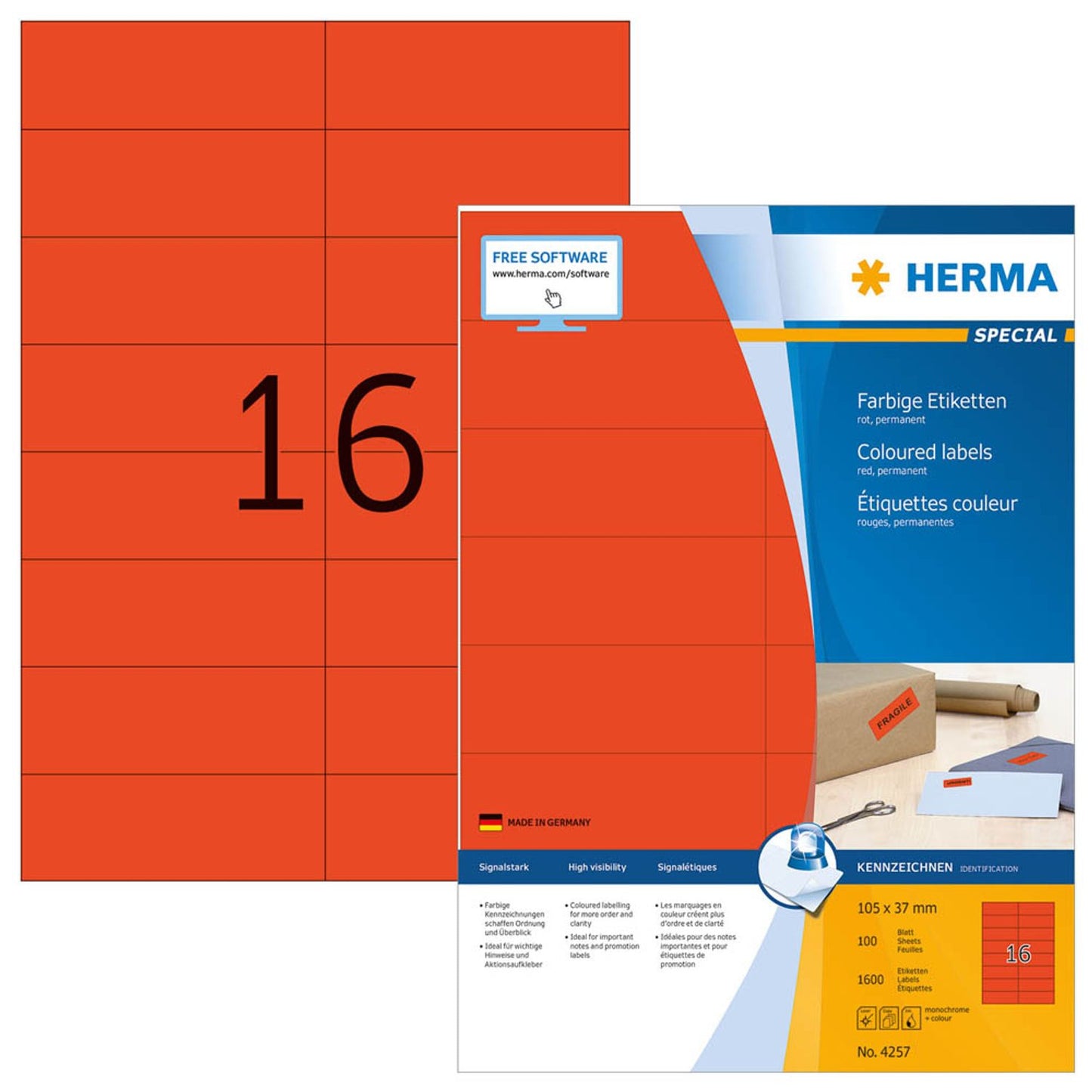 HERMA Etiketten rot 105,0 x 37,0 mm | 4257 | 1 Pack = 100 Blatt