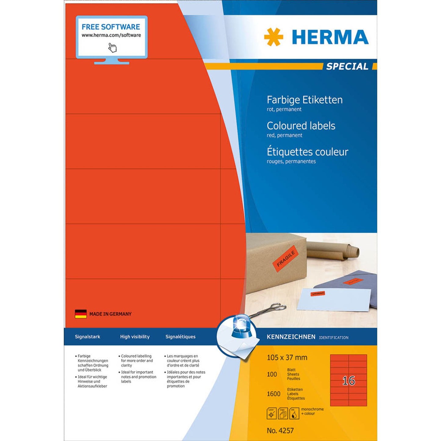 HERMA Etiketten rot 105,0 x 37,0 mm | 4257 | 1 Pack = 100 Blatt