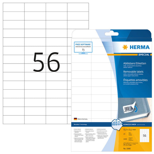 HERMA Etiketten weiß 52,5 x 21,2 mm | 5080 | 1 Pack = 25 Blatt