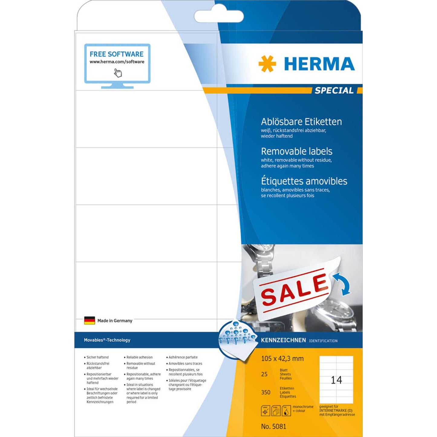 HERMA Etiketten weiß 105,0 x 42,3 mm | 5081 | 1 Pack = 25 Blatt