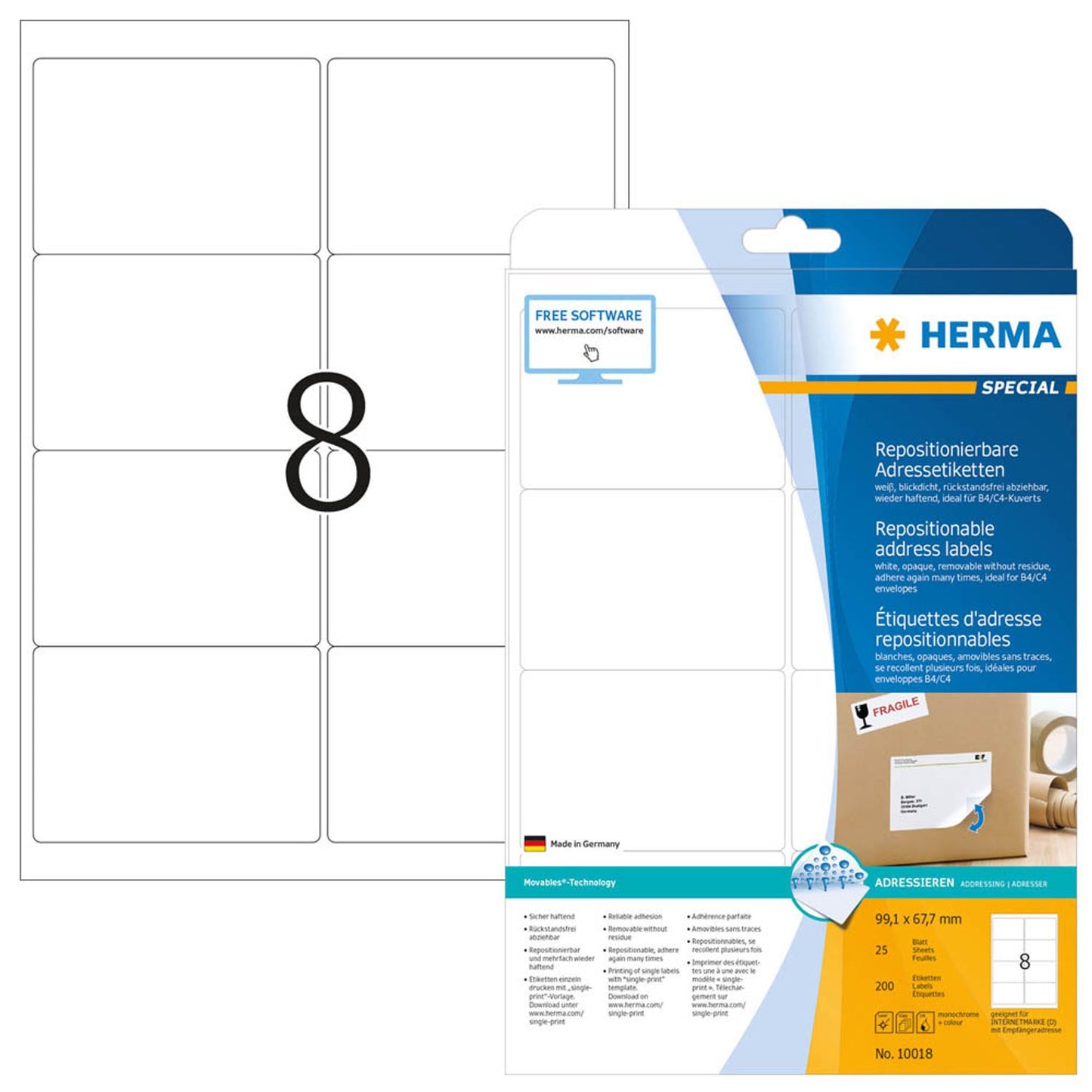 HERMA Adressetiketten weiß 99,1 x 67,7 mm | 10018 | 1 Pack = 25 Blatt