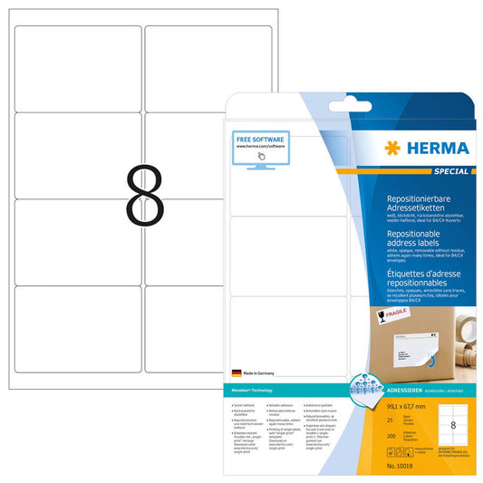 HERMA Adressetiketten weiß 99,1 x 67,7 mm | 10018 | 1 Pack = 25 Blatt