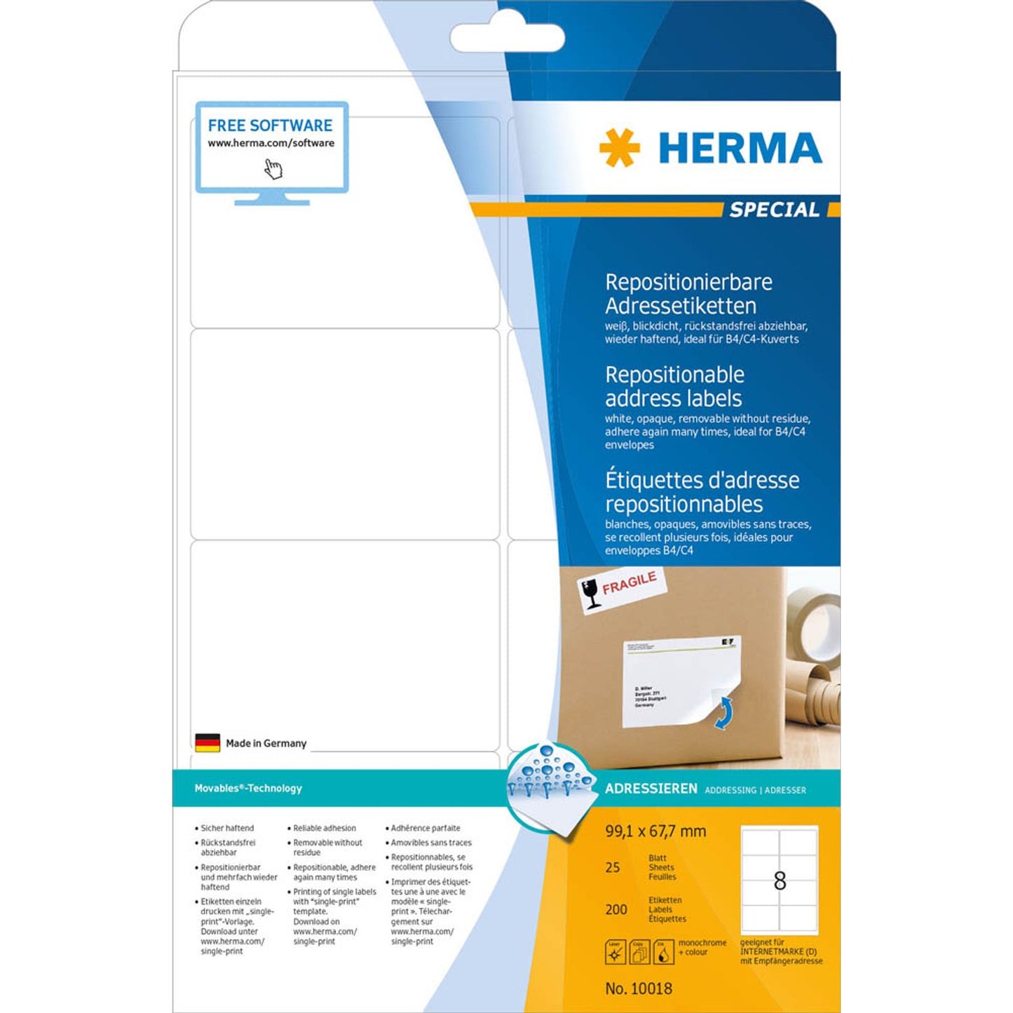 HERMA Adressetiketten weiß 99,1 x 67,7 mm | 10018 | 1 Pack = 25 Blatt