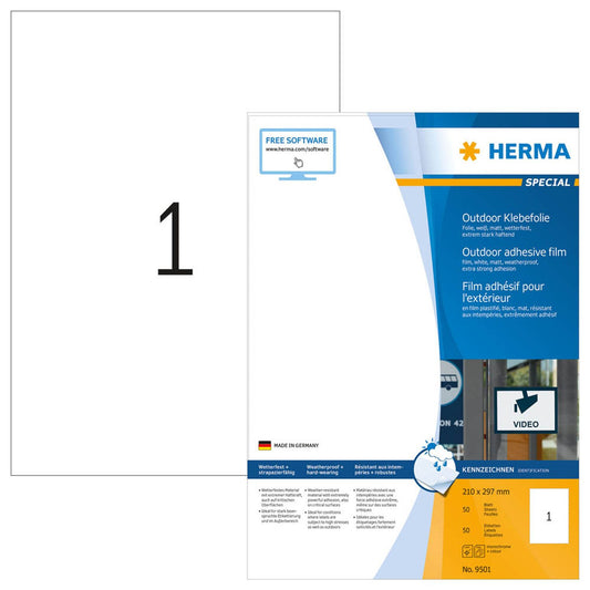 HERMA Folien-Kraftklebe-Etiketten weiß 210,0 x 297,0 mm | 9501 | 1 Pack = 50 Blatt