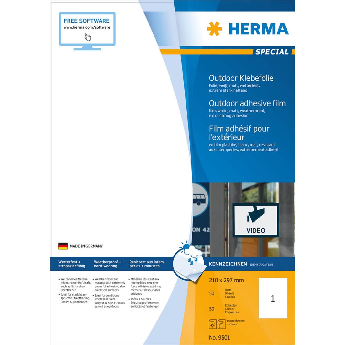 HERMA Folien-Kraftklebe-Etiketten weiß 210,0 x 297,0 mm | 9501 | 1 Pack = 50 Blatt