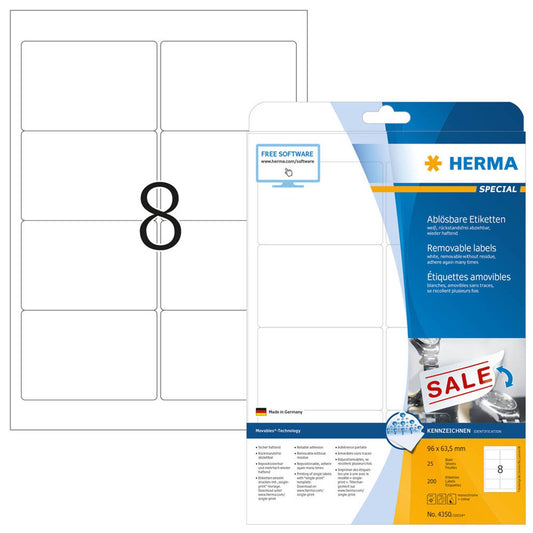 HERMA Etiketten weiß 96,0 x 63,5 mm | 4350 | 1 Pack = 25 Blatt