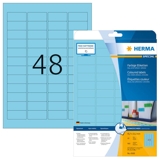 HERMA Etiketten blau 45,7 x 21,2 mm | 4368 | 1 Pack = 20 Blatt