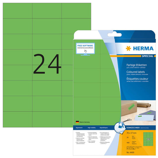 HERMA Etiketten grün 70,0 x 37,0 mm | 4469 | 1 Pack = 20 Blatt