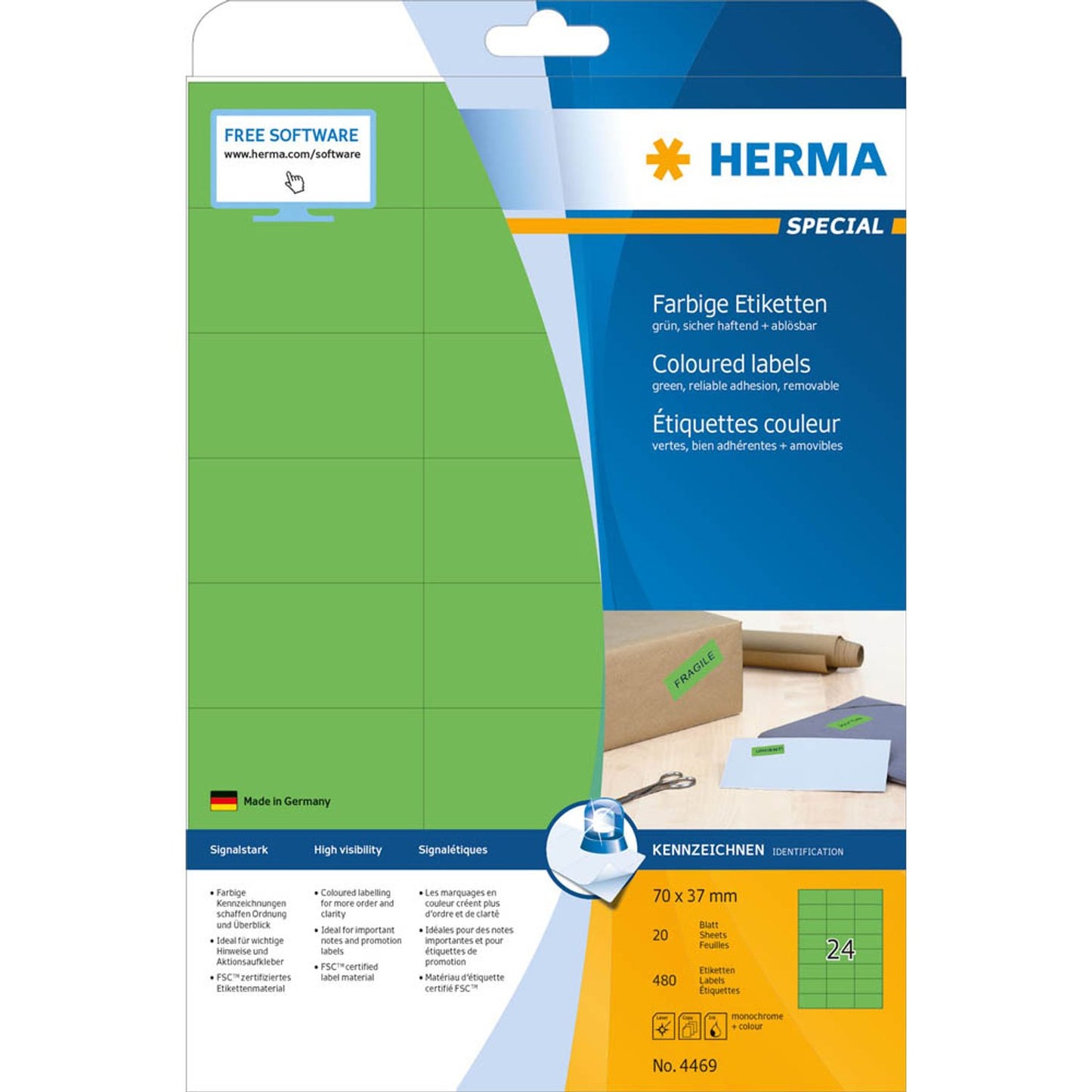 HERMA Etiketten grün 70,0 x 37,0 mm | 4469 | 1 Pack = 20 Blatt