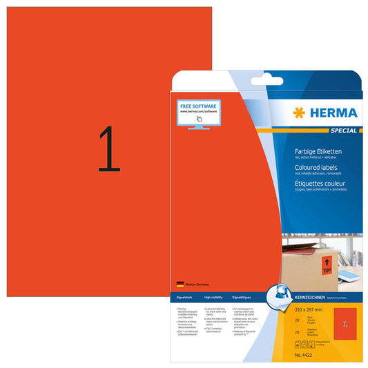 HERMA Etiketten rot 210,0 x 297,0 mm | 4422 | 1 Pack = 20 Blatt