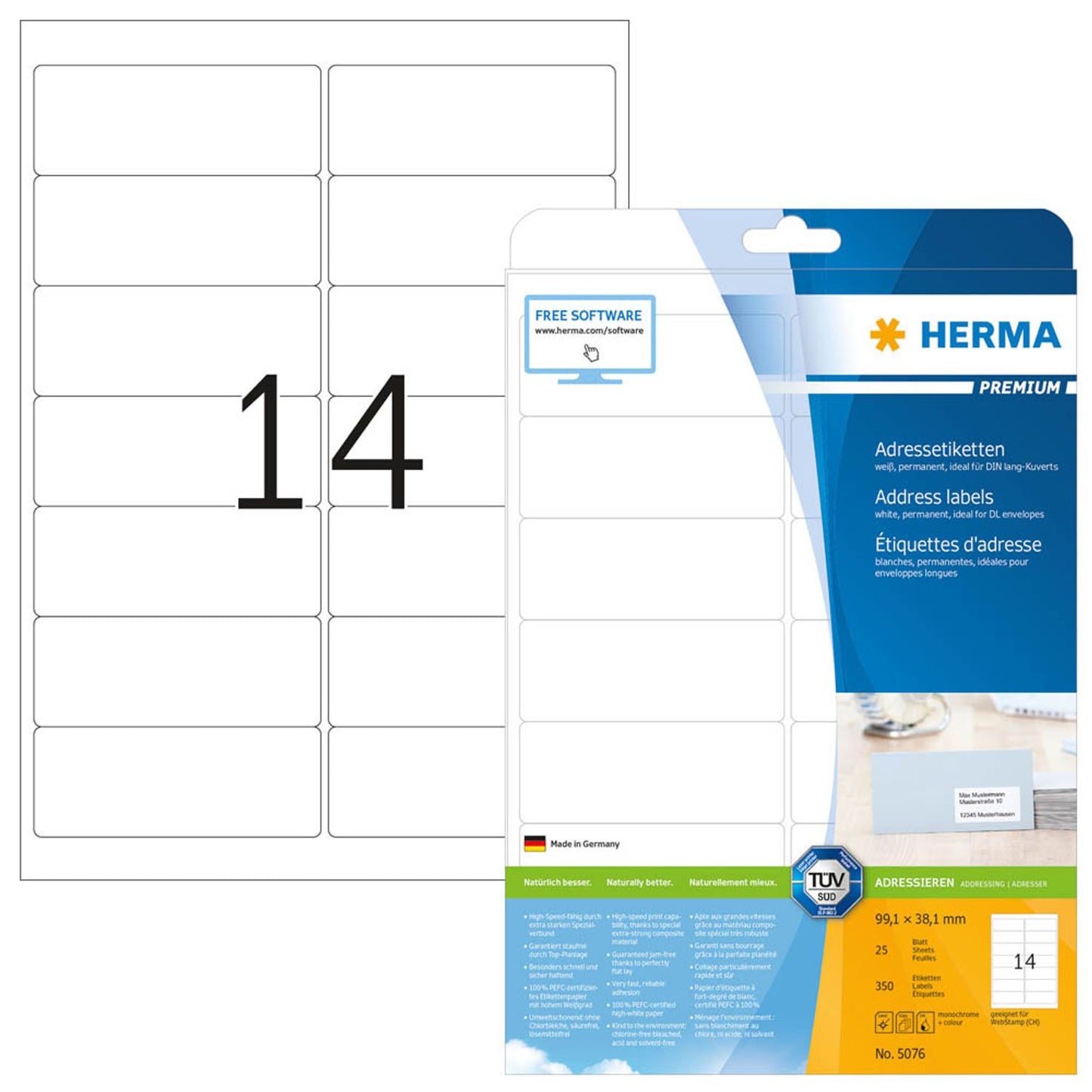 HERMA Etiketten weiß 99,1 x 38,1 mm | 5076 | 1 Pack = 25 Blatt