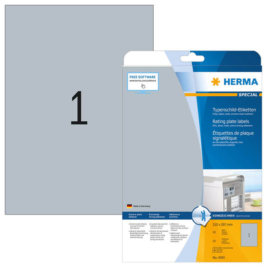 HERMA Typenschild-Etiketten silber 210,0 x 297,0 mm | 4593 | 1 Pack = 10 Blatt