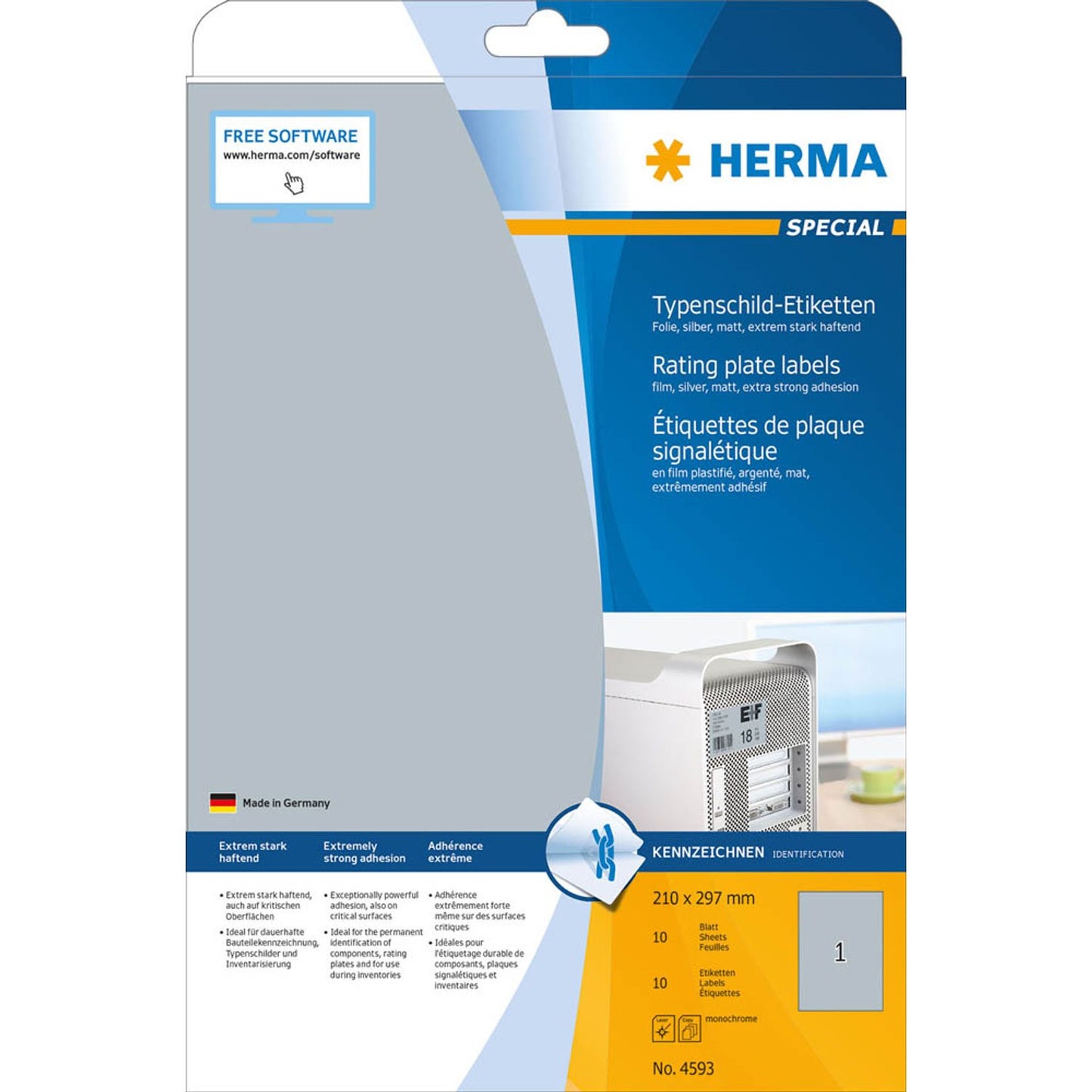 HERMA Typenschild-Etiketten silber 210,0 x 297,0 mm | 4593 | 1 Pack = 10 Blatt