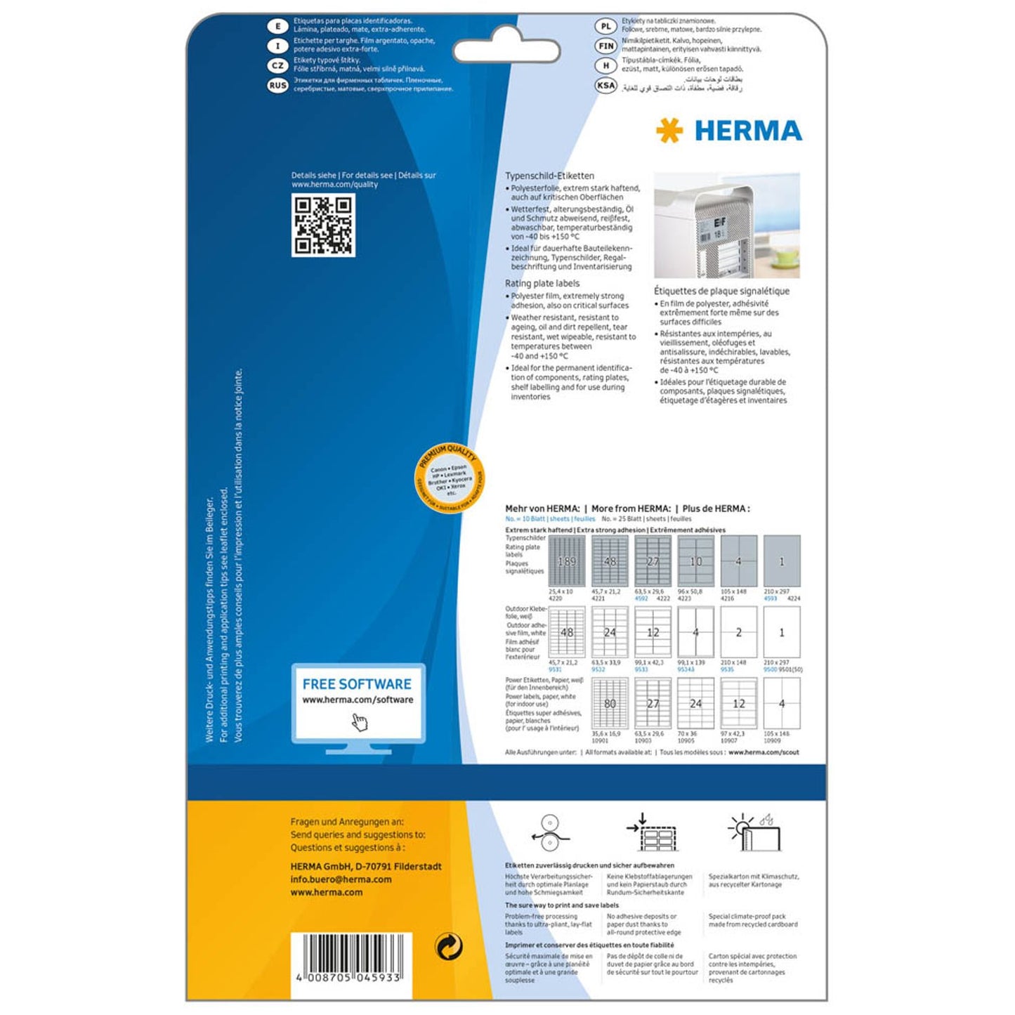 HERMA Typenschild-Etiketten silber 210,0 x 297,0 mm | 4593 | 1 Pack = 10 Blatt
