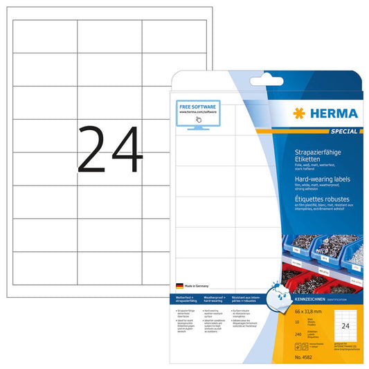 HERMA wetterfeste Folienetiketten weiß 66,0 x 33,8 mm | 4582 | 1 Pack = 10 Blatt