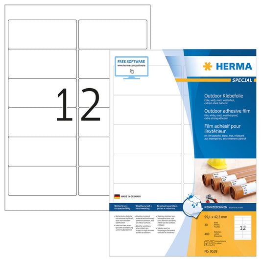 HERMA Folien-Kraftklebe-Etiketten weiß 99,1 x 42,3 mm | 9538 | 1 Pack = 40 Blatt