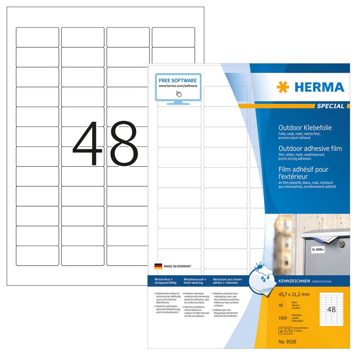 HERMA Folien-Kraftklebe-Etiketten weiß 45,7 x 21,2 mm | 9536 | 1 Pack = 40 Blatt