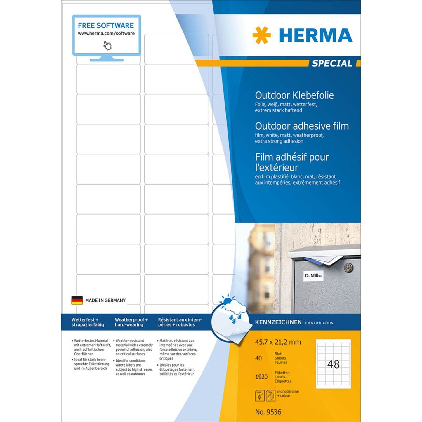 HERMA Folien-Kraftklebe-Etiketten weiß 45,7 x 21,2 mm | 9536 | 1 Pack = 40 Blatt