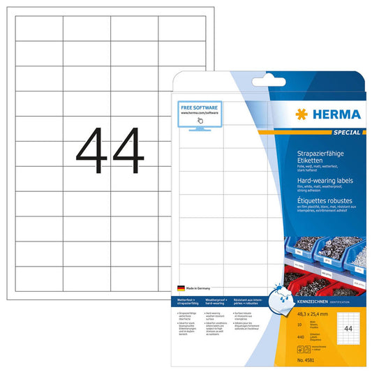 HERMA wetterfeste Folienetiketten weiß 48,3 x 25,4 mm | 4581 | 1 Pack = 10 Blatt