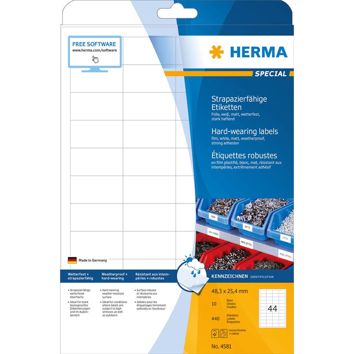 HERMA wetterfeste Folienetiketten weiß 48,3 x 25,4 mm | 4581 | 1 Pack = 10 Blatt