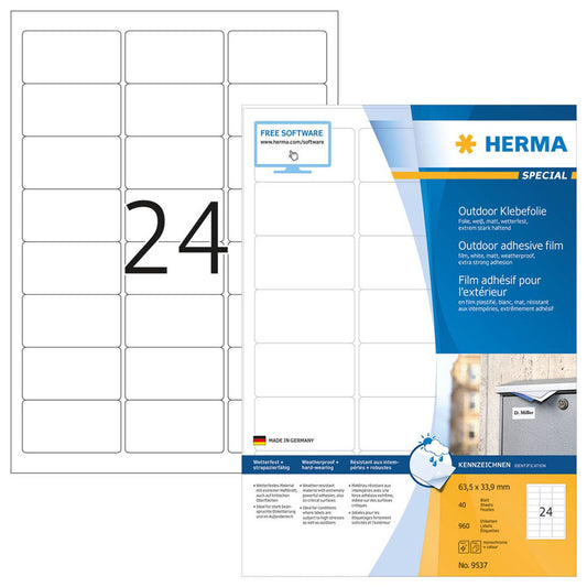 HERMA Folien-Kraftklebe-Etiketten weiß 63,5 x 33,9 mm | 9537 | 1 Pack = 40 Blatt