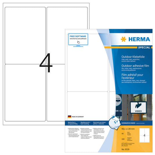 HERMA Folien-Kraftklebe-Etiketten weiß 99,1 x 139,0 mm | 9539 | 1 Pack = 40 Blatt