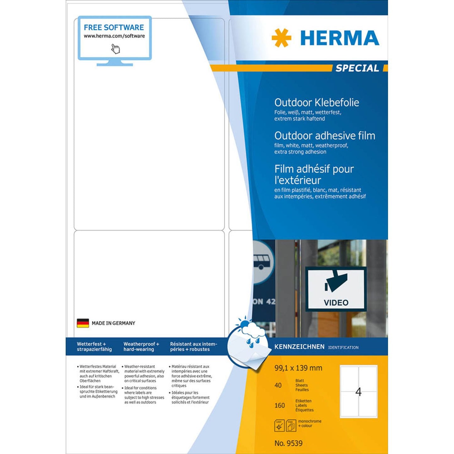 HERMA Folien-Kraftklebe-Etiketten weiß 99,1 x 139,0 mm | 9539 | 1 Pack = 40 Blatt