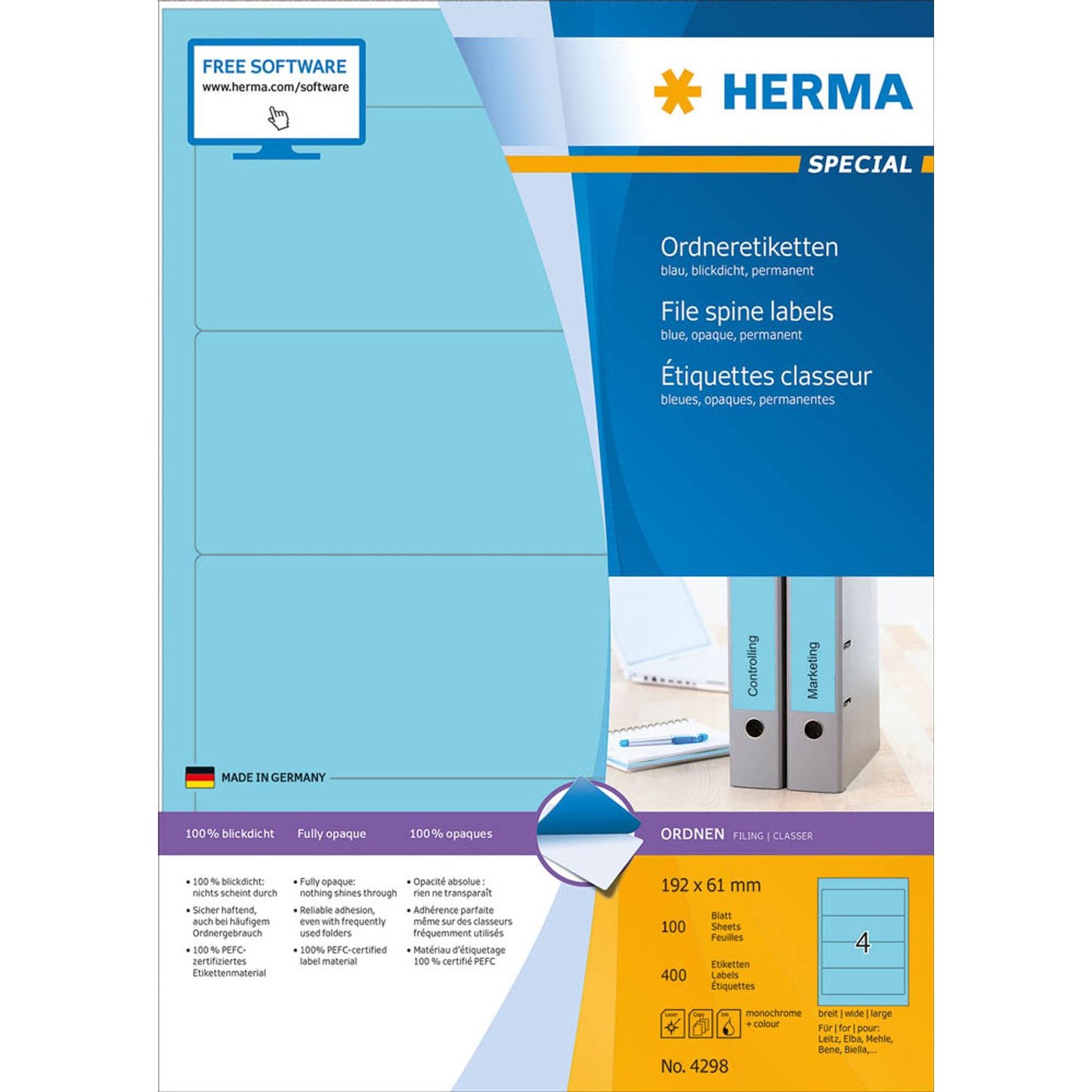 HERMA Ordneretiketten blau | 4298 | 1 Pack = 100 Blatt