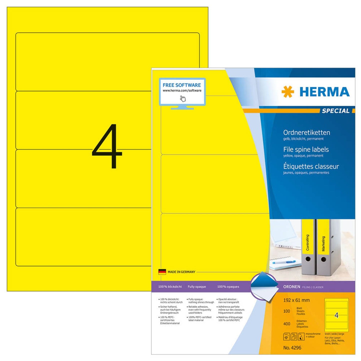 HERMA Ordneretiketten gelb | 4296 | 1 Pack = 100 Blatt