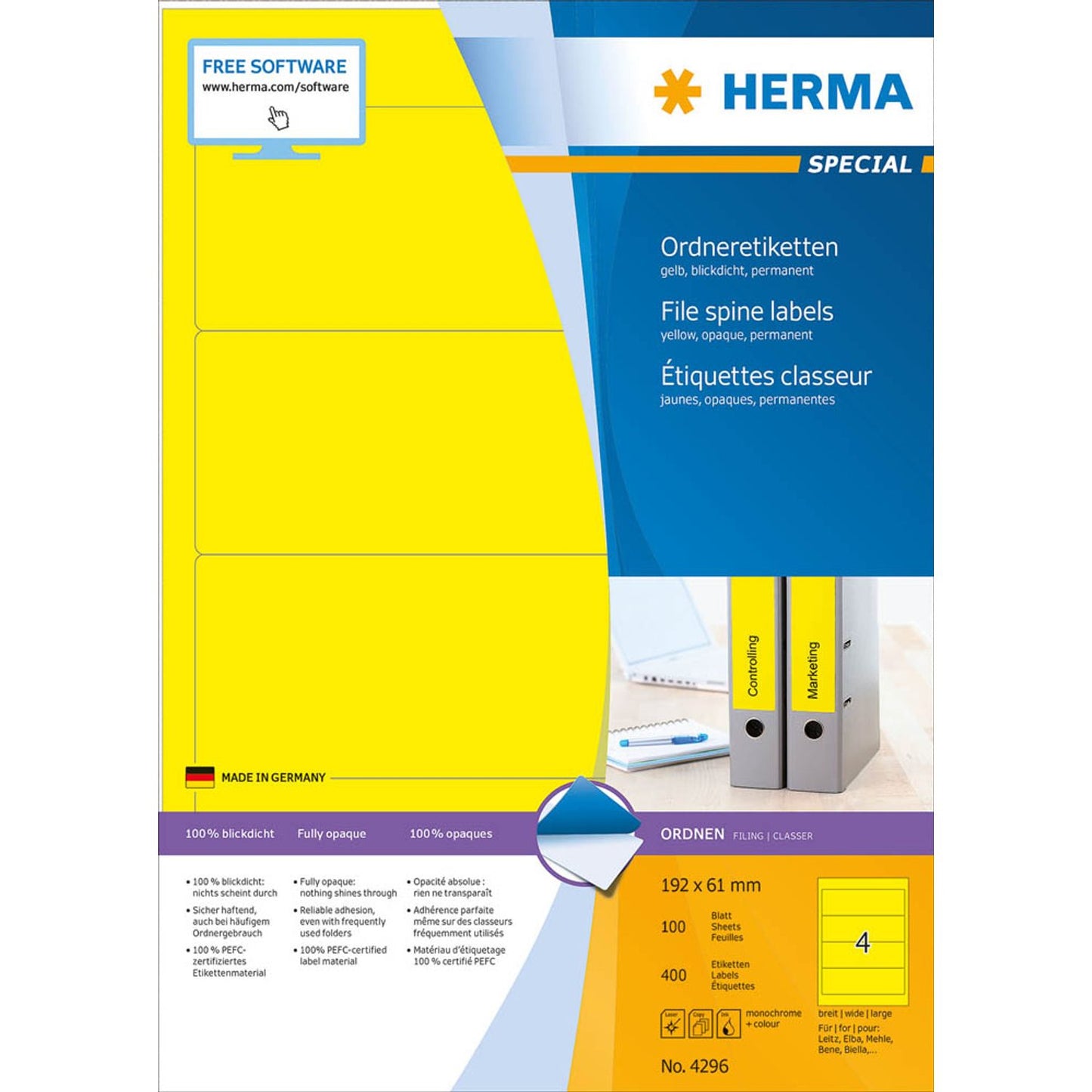 HERMA Ordneretiketten gelb | 4296 | 1 Pack = 100 Blatt