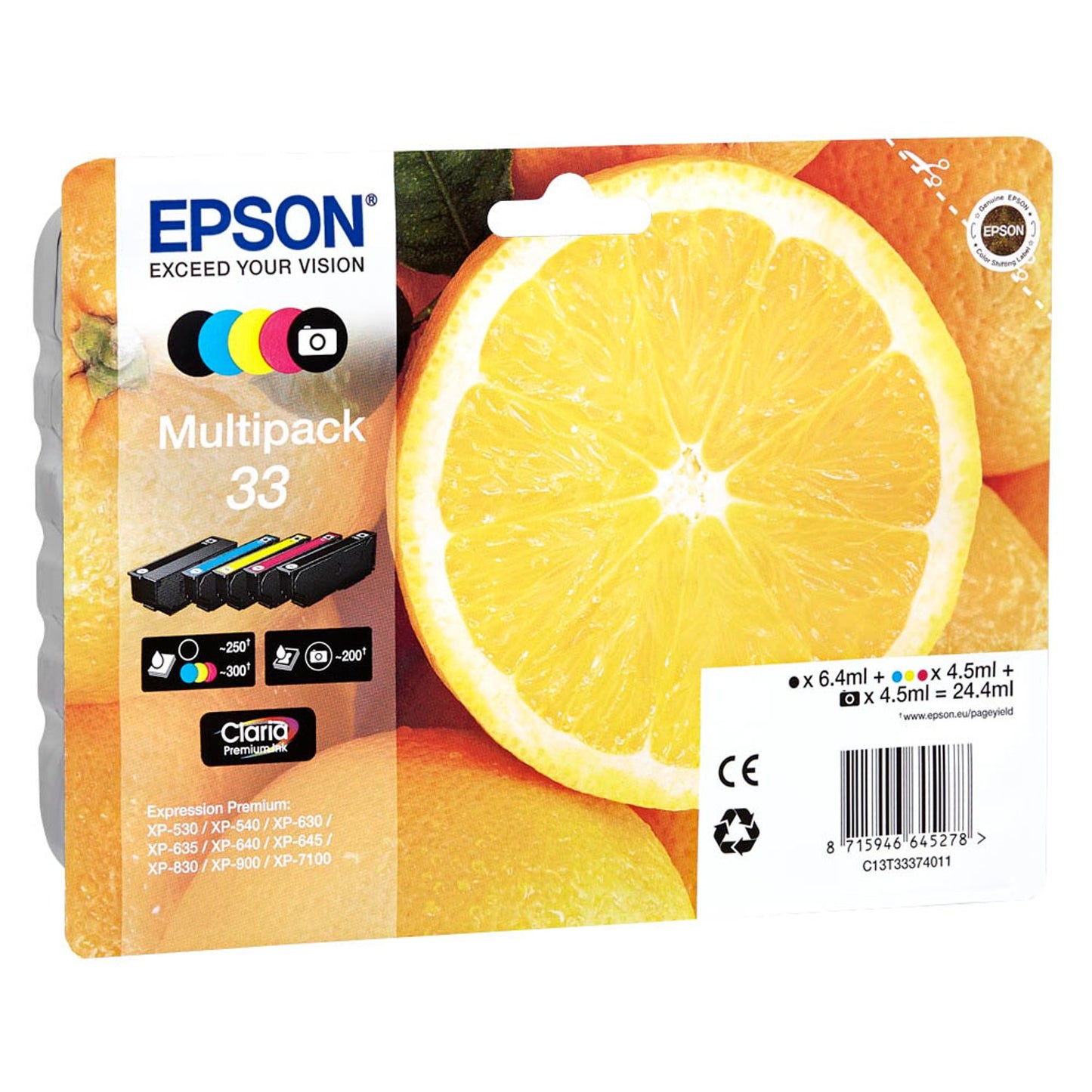 EPSON 33 / T3337 schwarz, cyan, magenta, gelb, Foto schwarz Druckerpatronen, 5er-Set | C13T33374011 | 1 Pack = 5 St.