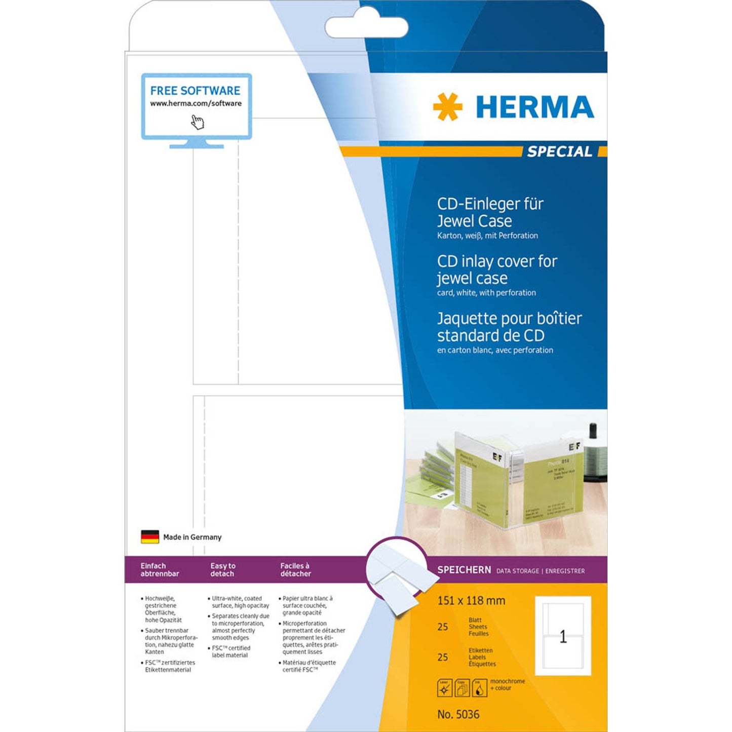 HERMA CD-Einleger weiß | 5036 | 1 Pack = 25 Blatt
