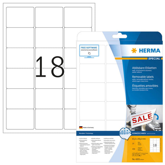 HERMA Etiketten weiß 63,5 x 46,6 mm | 4203 | 1 Pack = 25 Blatt