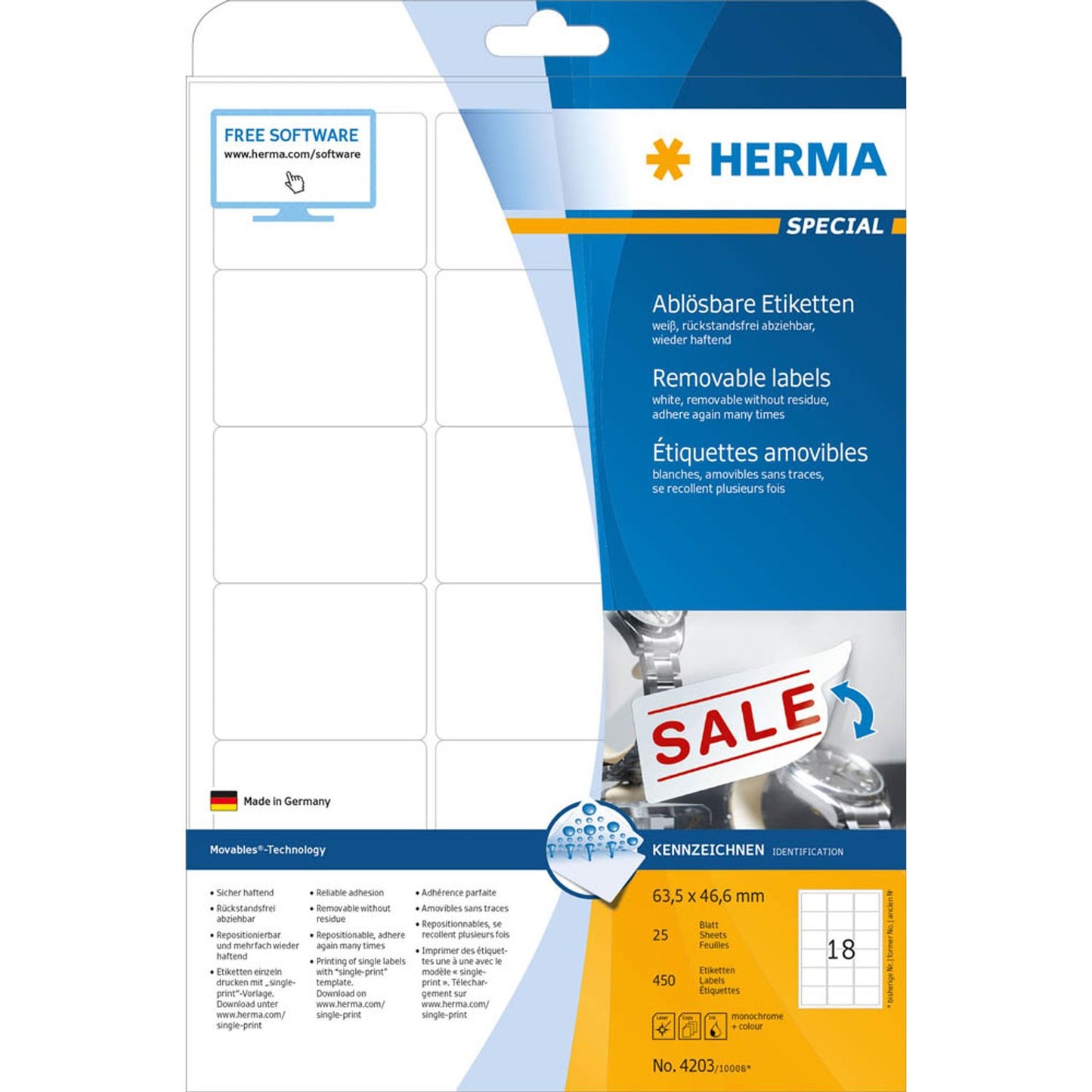 HERMA Etiketten weiß 63,5 x 46,6 mm | 4203 | 1 Pack = 25 Blatt