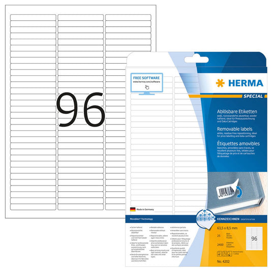 HERMA Etiketten weiß 63,5 x 8,5 mm | 4202 | 1 Pack = 25 Blatt