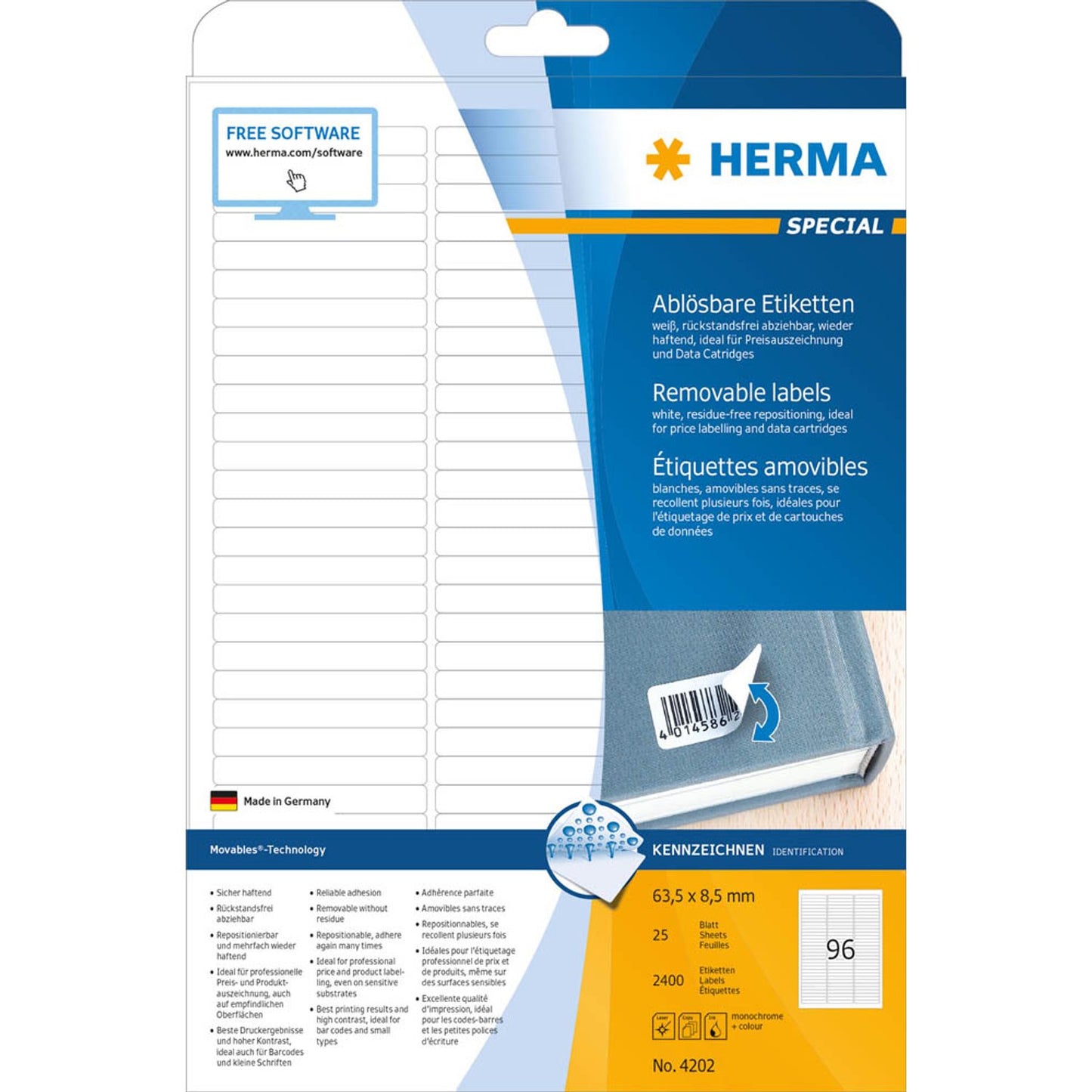 HERMA Etiketten weiß 63,5 x 8,5 mm | 4202 | 1 Pack = 25 Blatt
