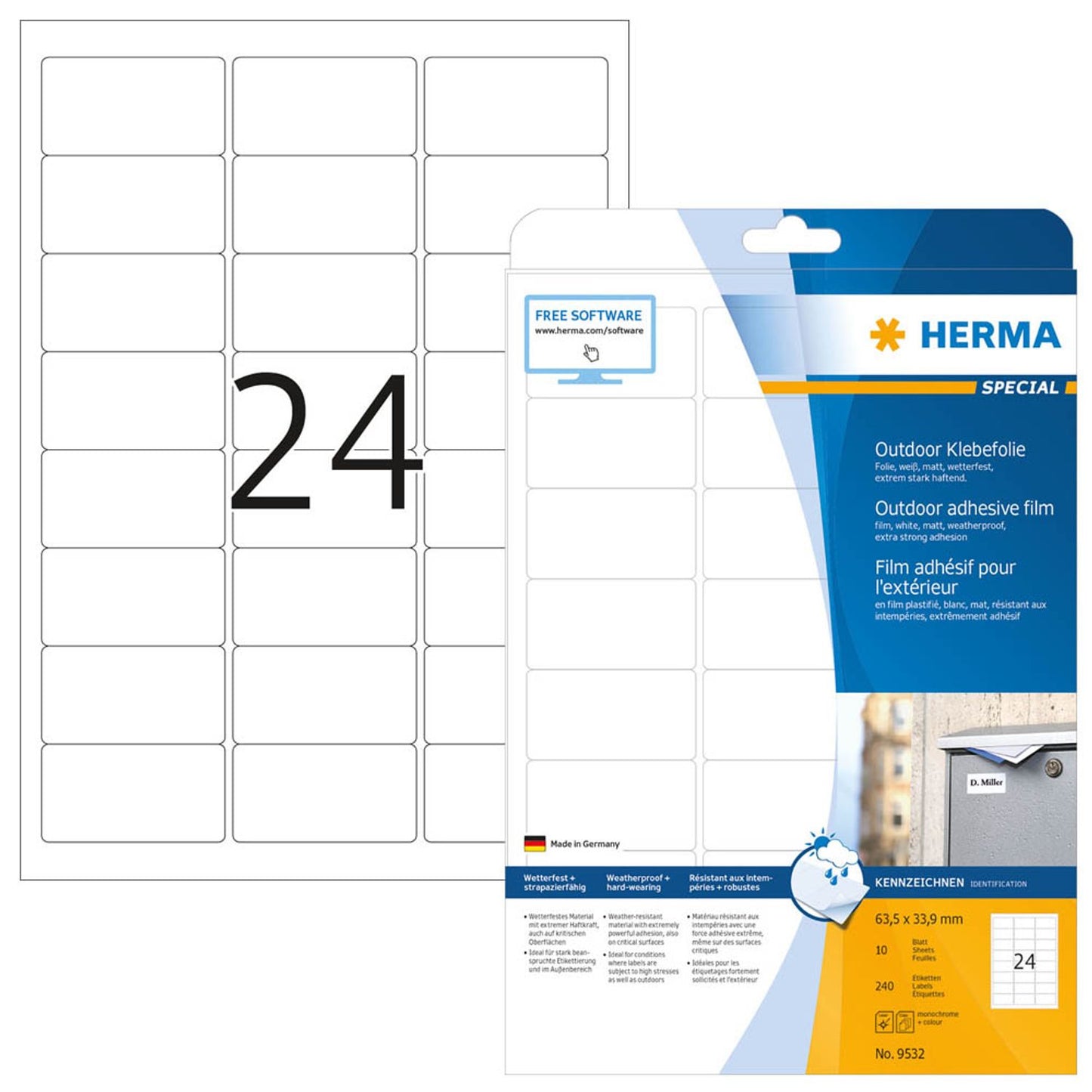 HERMA Folien-Kraftklebe-Etiketten weiß 63,5 x 33,9 mm | 9532 | 1 Pack = 10 Blatt
