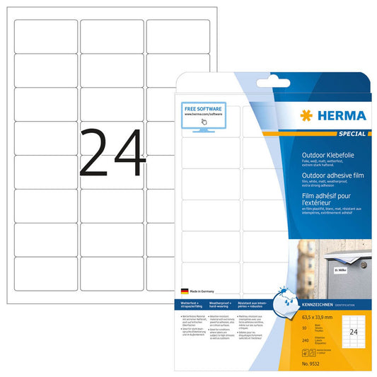HERMA Folien-Kraftklebe-Etiketten weiß 63,5 x 33,9 mm | 9532 | 1 Pack = 10 Blatt