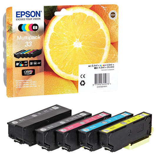 EPSON 33 / T3337 schwarz, cyan, magenta, gelb, Foto schwarz Druckerpatronen, 5er-Set | C13T33374011 | 1 Pack = 5 St.