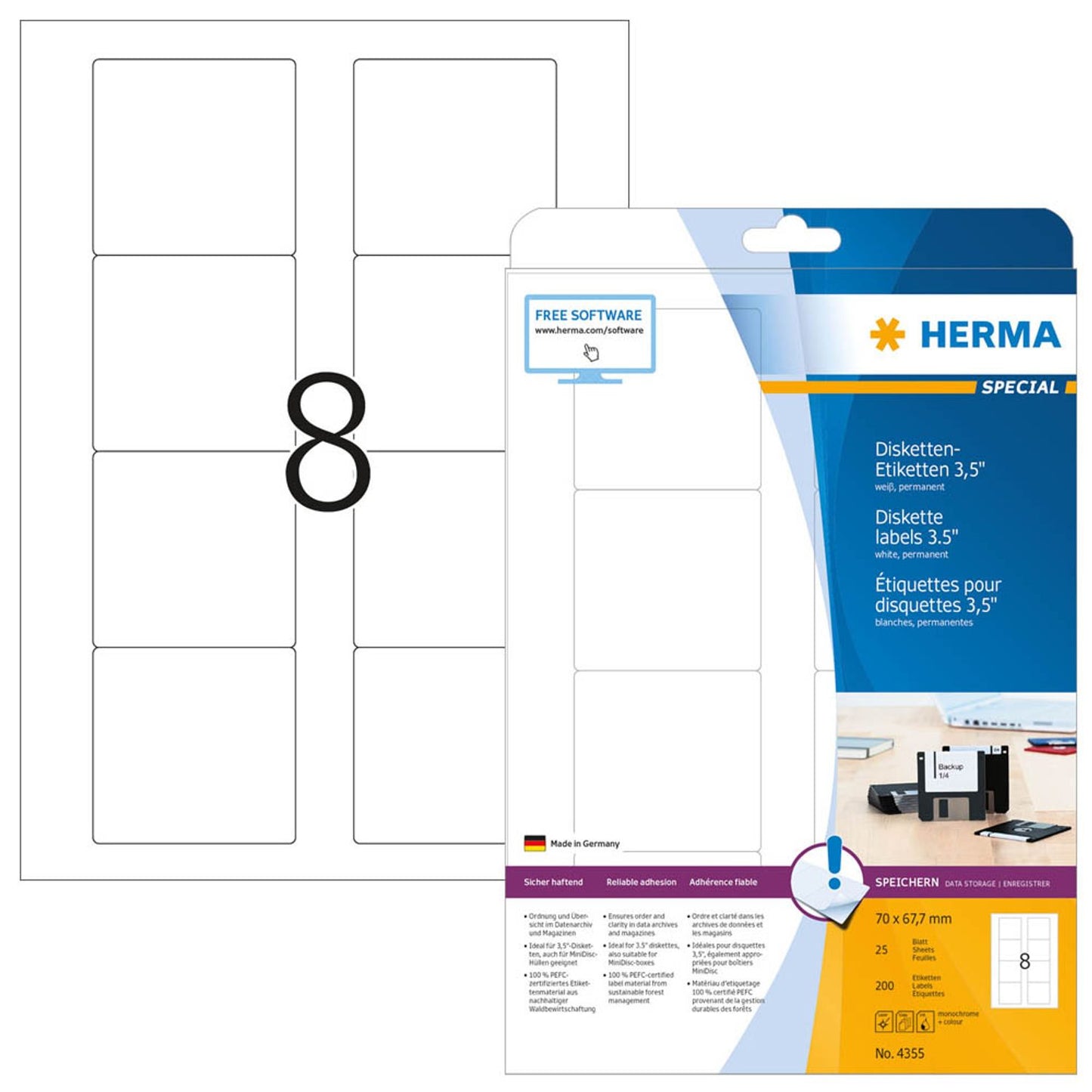 HERMA Disketten-Etiketten weiß | 4355 | 1 Pack = 25 Blatt