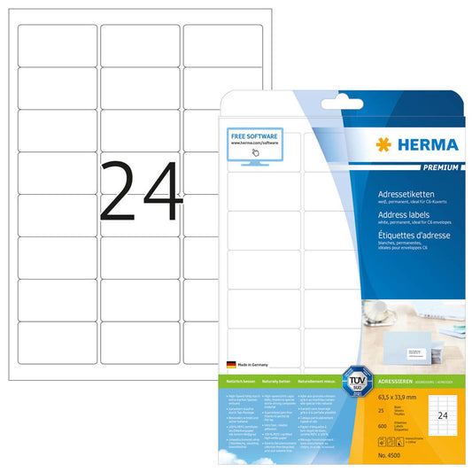 HERMA Adressetiketten weiß 63,5 x 33,9 mm | 4500 | 1 Pack = 25 Blatt