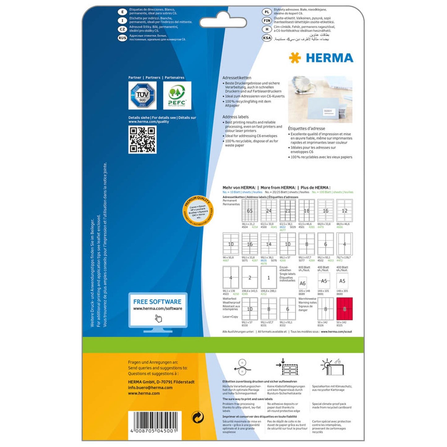 HERMA Adressetiketten weiß 63,5 x 33,9 mm | 4500 | 1 Pack = 25 Blatt