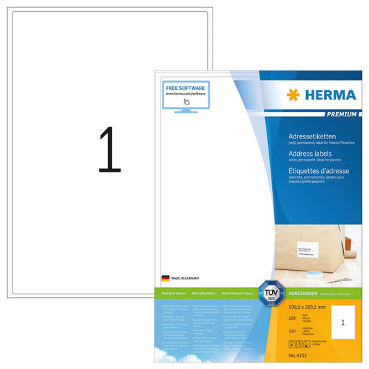HERMA Adressetiketten weiß 199,6 x 289,1 mm | 4252 | 1 Pack = 100 Blatt