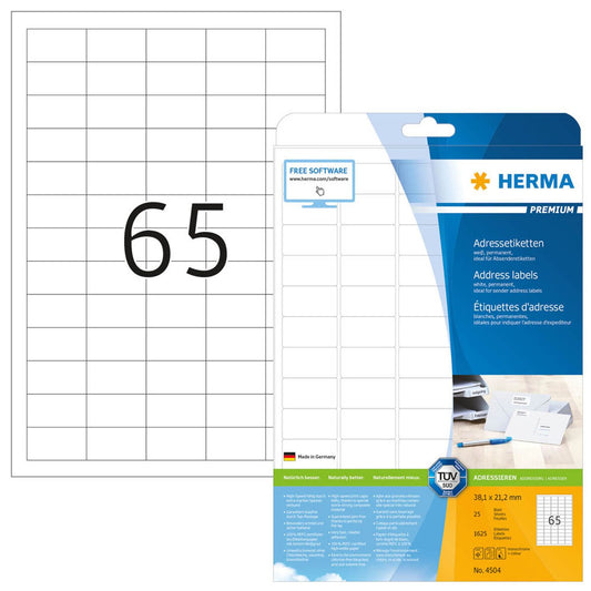 HERMA Adressetiketten weiß 38,1 x 21,2 mm | 4504 | 1 Pack = 25 Blatt