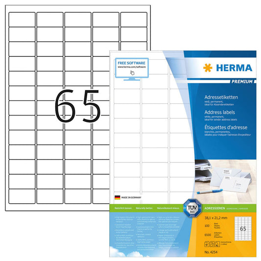 HERMA Adressetiketten weiß 38,1 x 21,2 mm | 4254 | 1 Pack = 100 Blatt