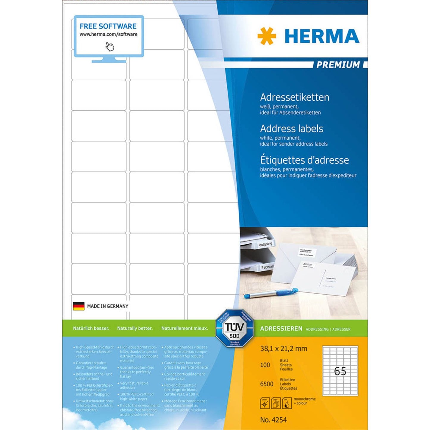 HERMA Adressetiketten weiß 38,1 x 21,2 mm | 4254 | 1 Pack = 100 Blatt