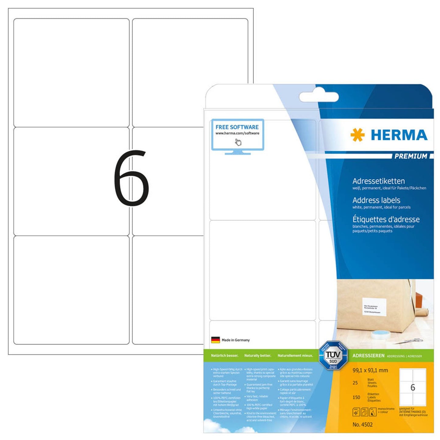 HERMA Adressetiketten weiß 99,1 x 93,1 mm | 4502 | 1 Pack = 25 Blatt