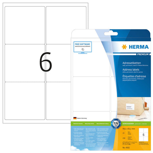 HERMA Adressetiketten weiß 99,1 x 93,1 mm | 4502 | 1 Pack = 25 Blatt
